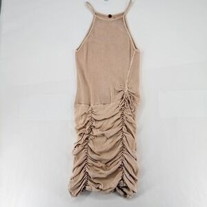 Free People Ruched Bodycon Dress Beige Waffle Knit Halter Mini See Measurements